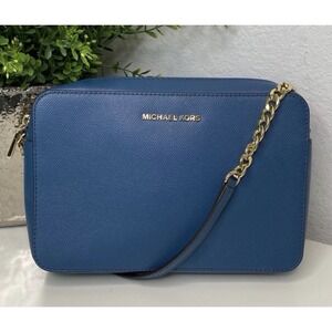 Michael Kors Leather Purse Crossbody Bag Blue Jet Set Designer Going Out Preppy